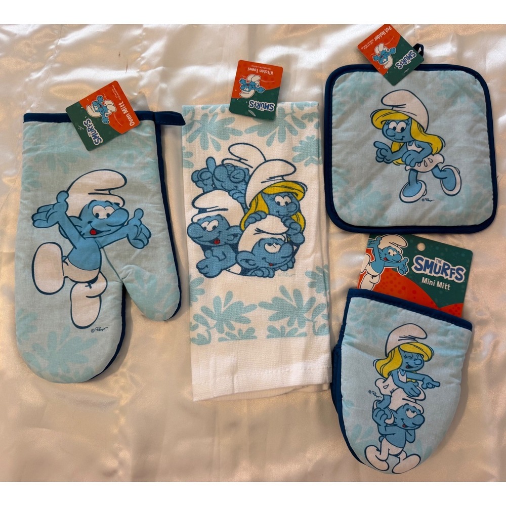 The Smurfs 4pc Kitchen Set Oven‎ Mitt Mini Mitt Pot Holder Towel Blue New NWT